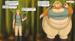 backpack bad_grammar bigfoot blonde_hair body_hair cryptozoology dialogue fat female female_focus forest gender_transformation genderswap genderswap_(mtf) huge_breasts male_to_female orange_fur overweight rule_63 sasquatch saturnxart sequence shocked_expression transformation weight_gain