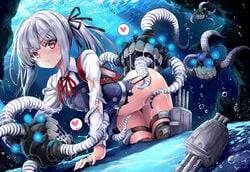 air_bubble all_fours black_dress bottomless brown_eyes bubble clothed_sex commission dress enemy_naval_mine_(kantai_collection) female flat_chest interspecies kantai_collection kasumi_(kantai_collection) kumakou long_hair long_sleeves neck_ribbon pinafore_dress red_ribbon remodel_(kantai_collection) restrained ribbon shinkaisei-kan shirt side_ponytail silver_hair skeb_commission sleeveless sleeveless_dress tentacle tentacle_sex thigh_strap torn_clothes torn_dress torn_shirt underwater white_shirt