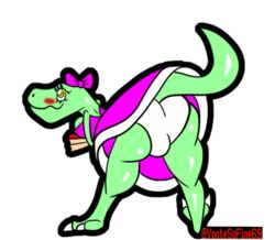 anthro anus blush claws dinosaur dress dress_lift green_skin hairbow legs_apart panties presenting_hindquarters reptile schoolgirl tail vontesofine69