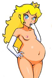 alcnx big_belly big_eyes blue_eyes blush breasts cel_shading crown elbow_gloves female female_only finger_in_mouth gloves hand_on_hip human long_hair looking_at_viewer mario_(series) mostly_nude navel nintendo nipples open_mouth pink_nipples pregnant princess_peach pussy simple_background small_breasts solo standing white_background yellow_hair