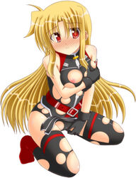 belt blonde_hair blush breasts fate_testarossa gloves highres lask long_hair lyrical_nanoha mahou_shoujo_lyrical_nanoha mahou_shoujo_lyrical_nanoha_a's mahou_shoujo_lyrical_nanoha_strikers nipples red_eyes tear thighhighs torn_clothes