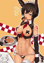 ! 2girls abs animal_ears black_pasties blue_eyes blush bow bow_panties breasts brown_hair clothing dominica_s_gentile doughnut eating elbow_gloves female female_only food gloves human jane_t_godfrey large_breasts lowleg maid multiple_girls navel necktie necktie_between_breasts null_(nyanpyoun) panties pasties perky_breasts solo_focus stockings strike_witches tail thighhighs toned tray underwear wrist_cuffs x_pasties