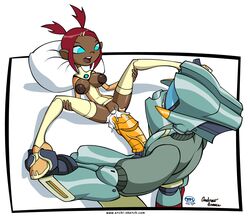 1boy 1girls brown_skin canti clothing crossover cum dark-skinned_female dark_areolae flcl functionally_nude_female hetero inverted_nipples penis pillow puffy_areolae robot robot_boy sari_sumdac screen_head spread_legs thighhighs transformers transformers_animated turk128 uncensored utf2005 white_background