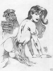 1girls 2009 ass breasts dc_comics female female_only marcio_abreu monochrome nipples solo tagme thong topless wonder_woman wonder_woman_(series)