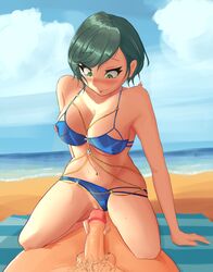 1boy 1girls beach dead_or_alive dead_or_alive_xtreme_venus_vacation green_eyes green_hair large_breasts large_penis light-skinned_female light-skinned_male light_skin pussy redgrel sky sweat swimsuit tamaki_(doa) water