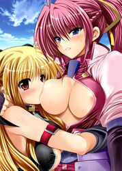 areola areolae bare_shoulders blonde_hair blue_eyes blush breast_sucking breasts cloud fate_testarossa female fingerless_gloves gloves large_breasts long_hair lyrical_nanoha mahou_shoujo_lyrical_nanoha mahou_shoujo_lyrical_nanoha_a's mahou_shoujo_lyrical_nanoha_strikers multiple_girls nipple_slip nipples open_clothes open_shirt ponytail red_eyes red_hair shina_no_yura shinano_yura shirt signum sky tied_hair yuri