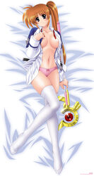 1girls bed belt breasts brown_hair dakimakura feet female high_resolution kamogawa_tanuki long_hair lyrical_nanoha mahou_shoujo_lyrical_nanoha mahou_shoujo_lyrical_nanoha_strikers nanoha_takamachi nipples open_clothes open_shirt panties pink_panties purple_eyes raising_heart ribbon shirt side_ponytail solo takamachi_nanoha thighhighs underwear uniform very_long_hair