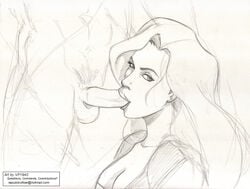 black_hair brown_eyes dark-skinned_female disney elisa_maza gargoyles monochrome oral penis red_lipstick seductive_eyes seductive_mouth sketch smile testicles tony_dracon vp