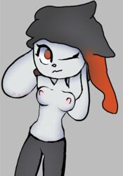 absurd_res anthro bodily_fluids breasts clothing female hi_res lagomorph leporid mammal nintendo one_eye_closed pokémon_(species) pokemon pokemon_(species) rabbit raboot solo sweat synfulart undressing video_games