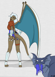 1animal 1boy 1girls accidental_exposure bronx_(gargoyles) brown-skinned_female brown_skin delilah_(gargoyles) disney exposed_pussy fab fab3716 female feral gargoyles humanoid no_panties pussy tagme torn_pants white_eyes white_hair wings