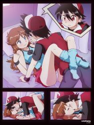 1boy1girl before_sex black_hair blue_eyes blush brown_hair gazing_eye green_(pokemon) kissing leaf_(pokemon) looking_at_another pantyshot pokemon pokemon_(manga) pokemon_adventures red_(pokemon) red_eyes steamy_breath