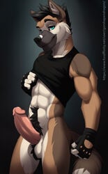 2020 5_fingers abs anthro ball_tuft balls bedroom_eyes biceps big_muscles black_background black_claws black_gloves black_hair black_nose black_pubes blue_eyes body_hair bottomless canid canine canis cheek_tuft claws clothed clothing clothing_lift digital_media_(artwork) domestic_dog erection eyebrows eyelashes facial_tuft fingerless_(marking) fingerless_gloves fingers front_view genitals german_shepherd gloves gorsha_pendragon gradient_background hair handwear happy_trail herding_dog hi_res humanoid_genitalia humanoid_penis inner_ear_fluff male male_only mammal muscular muscular_anthro muscular_male narrowed_eyes pastoral_dog penis portrait presenting presenting_penis raised_eyebrows seductive shirt shirt_lift short_hair simple_background smile snout solo standing thick_penis three-quarter_portrait topwear triceps tuft vein