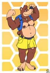 anthro armpit_hair backpack bag banjo-kazooie banjo_(banjo-kazooie) baron_montesque belt body_hair bottomwear brown_body brown_fur bulge cel_shading chest_tuft clothed clothing flexing foreskin fur genital_outline genitals hi_res jewelry male male_only mammal necklace overweight overweight_anthro overweight_male penis penis_out penis_out_of_shorts penis_outline rareware shaded shorts smile solo toony tuft uncut ursid video_games