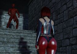 1boy 1girls 3d ass big_penis bloodrayne corset daz3d daz_studio elbow_gloves latex latex_suit monster penis rayne red_monster red_penis vgbabes3d