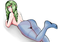 1girls arant_king ass back back_view bare_back barefoot big_ass feet feet_up fire_emblem fire_emblem:_three_houses flayn_(fire_emblem) green_eyes green_hair long_hair looking_at_viewer nintendo on_stomach panties pantyhose pointy_ears see-through simple_background smile solo solo_female topless