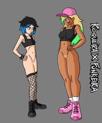 2020 2girls black_hair blonde_hair blue_eyes blue_hair body_difference chocolate_and_vanilla comparing comparison evilgirl female female_only female_pubic_hair green_hair grey_background hat long_hair luna_(evilgirl) multiple_girls nathalia_(evilgirl) original original_characters pubic_hair pussy serious short_hair smile smiling standing tank_top yellow_eyes yellow_hair