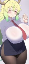 ai_generated big_breasts blush breasts cute lucoa lucoa_(maidragon) miss_kobayashi's_dragon_maid nai_diffusion office_lady office_worker quetzalcoatl_(dragon_maid) see-through_clothing shiny_breasts stable_diffusion tie wet_clothes white_shirt