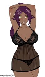 1girls armpits arms_over_head arms_up bangs big_breasts bleach blush bra breasts cleavage curvy dark-skinned_female dark_skin dress female female_only katzueki lingerie looking_at_viewer panties ponytail purple_hair see-through see-through_clothing shihouin_yoruichi simple_background smile solo tied_hair transparent_clothing underwear white_background wide_hips yellow_eyes