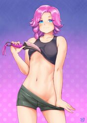 1girls :3 blue_eyes briefs finalcake knife maeve_(paladins) paladins pink_hair pulling_pants short_hair stripping tank_top