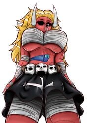 1girls ancient_giant bandage bandages black_eyes black_skirt blonde_hair bottom_view clear_background fangs female female_only giantess horns kage_kage_no_mi kaijufang looking_at_viewer looking_down_at_viewer low-angle_view oars one_piece pirate red_skin rule_63 sharp_teeth skirt skull_belt stitched stitches thriller_bark zombie zombie_girl