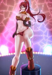 armlet big_breasts gloves gorget green_eyes high_ponytail legwear licking_lips liilica long_hair looking_at_viewer ponytail pyrrha_nikos red_hair rwby stripper stripper_pole tugging_clothing