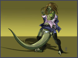 4:3 anthro astaraelabhorsen awkward belt blue_border border breasts brown_hair claws clothing cursed_item dinosaur displaced_clothing exposed_breasts female feral green_body green_scales hair looking_down nipples non-mammal_breasts open_mouth reptile rippage scales scalie sharp_teeth shocked solo standing stretched_clothing surprise teeth torn_clothing transformation underwear