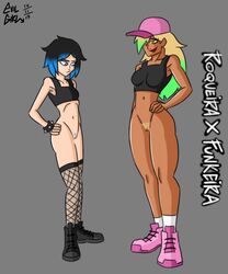 2020 2girls black_hair blonde_hair blue_eyes blue_hair body_difference chocolate_and_vanilla comparing comparison evilgirl female female_only female_pubic_hair green_hair grey_background hat long_hair luna_(evilgirl) multiple_girls nathalia_(evilgirl) original original_characters pubic_hair pussy serious short_hair smile smiling standing tank_top yellow_eyes yellow_hair