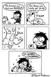 bestiality black_and_white black_hair blowjob canine comic dog drooling edit english_text eye_twitch funny heart interspecies looking_at_penis oral oral_sex panels sarah_andersen sparkles sweat sweating tail_wagging text zoophilia