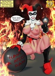 1girls ass_visible_through_thighs batman_(series) big_breasts blue_eyes bomb breasts clown_makeup dc dc_comics dialogue dialogue_bubble domino_mask feet female female_only firearm grinning gun handgun harley_quinn harley_quinn_(classic) jester_cap justicehentai.com lipstick nipples pussy revolver ripped_clothing smile solo tinkerbomb weapon