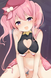 1boy bare_shoulders blush breasts censored cleavage cleavage_cutout clothing_cutout cowgirl_position female highres karasusou_nano large_breasts long_hair navel open_mouth penis pink_hair princess_connect! princess_connect!_re:dive purple_eyes quad_tails sex stomach straddling straight thighs tsumugi_(princess_connect!) underboob vaginal_penetration