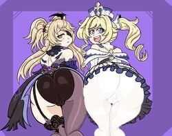 2girls ass ass_focus barbara_(genshin_impact) big_ass blonde_hair blue_eyes blush cameltoe clothed clothed_female drillslewds eye_patch eyepatch female female_only fischl_(genshin_impact) fully_clothed genshin_impact green_eyes hair_over_one_eye huge_ass long_hair looking_at_viewer looking_back medium_hair multiple_girls nun pantyhose photo presenting presenting_hindquarters simple_background smile thick_thighs twintails young