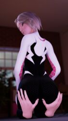 2girls 3d big_butt blender blonde_hair clothed derringersfm female_focus grabbing_ass gwen_stacy large_ass light-skinned_female light-skinned_male marvel spider-gwen spider-man_(series)