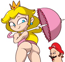 1boy 1girls ass blue_eyes bubble_butt clothing female female_focus long_hair looking_at_another looking_back male mario mario_(series) meme nintendo pink_dress pogchamp princess_peach simple_background smile smiling standing thighs thong umbrella vilepluff white_background yellow_hair