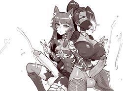 2futas animal_ears balls big_balls breast_size_difference breasts clothed clothing commission cum cumshot dark_skin duo ear_tuft ejaculation erection fox_ears futa_on_futa futa_only futanari handjob huge_breasts huge_cock human humanoid humanoid_penis kemonomimi long_hair long_penis looking_at_viewer mask monochrome mostly_clothed mutual_masturbation orgasm pale_skin penis penis_size_difference ponytail sitting tattoo thetenk thighhighs v v_sign