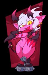 2020 aliasing alternate_costume armor bandana breasts demon eyelashes fangs female footwear gauntlets genitals gloves handwear highres horn humanoid kerchief league_of_legends little_demon_tristana looking_at_viewer mammal mdjoe nipples open_mouth piercing pupils pussy riot_games shortstack signature simple_background slit_pupils smile solo spade_tail spikes thick_thighs tristana white_hair wide_hips yordle