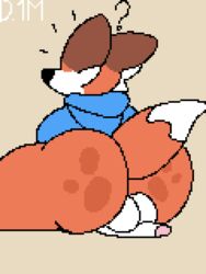 3:4 anthro ass backsack balls big_butt blue_clothing blue_hoodie blue_topwear canid canine clothing dronemillion fox freckles freckles_on_butt fur genitals hoodie humanoid male male_only mammal orange_body orange_fur sitting sitting_on_balls solo soups_(superiorfox) topwear unaware white_body white_fur