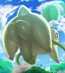 ass balls big_balls big_penis chikorita cloud diacordst dust dynamax feral generation_2_pokemon genitals hi_res jumping macro male male_only nintendo penis plant pokémon_(species) pokemon red_eyes solo tree video_games vines