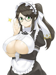 adjusting_glasses brown_hair cleavage constantia_s2_(last_origin) dress female glasses goma._(artist) green_eyes hair_ornament huge_breasts last_origin long_hair maid servant smiling underboob