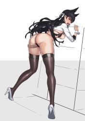 ass atago_(azur_lane) azur_lane bar_censor black_hair black_legwear blush censored censored_pussy cuboon female hair_ornament hetero high_heels long_hair military_uniform open_mouth penis thighhighs uniform vaginal_penetration yellow_eyes