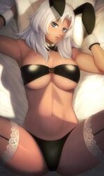 1girls armpits arms_up bajima_shouhei bowtie bunny_ears elma_(xenoblade_x) large_breasts latex lingerie on_back on_bed solo stockings white_hair xenoblade_(series) xenoblade_chronicles_x