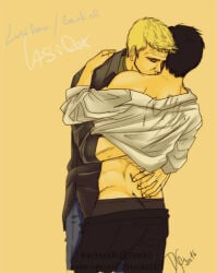black_hair blonde_hair brother brother_and_brother brothers castiel castiel_(supernatural) gay giving_hickey half-dressed homosexual inappropriate_behavior incest kissing kissing_neck lucifer_(supernatural) sensual suggestive supernatural_(series) touching_body yaoi