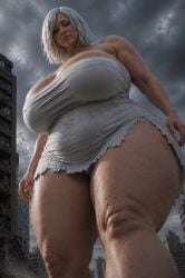 ai_generated city giantess ginormica light-skinned_female white_dress white_hair
