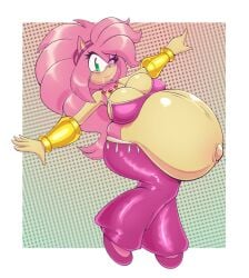1girls amy_rose anthro ass belly_dancer blush breasts eulipotyphlan female gold_jewelry green_eyes large_ass large_breasts mouth_veil necklace pink_eyes popped_navel pregnant ready_to_pop sega smotrilla sonic_(series) thick_thighs wide_hips wink
