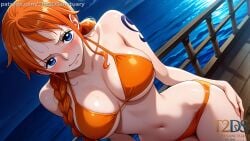 ai_generated bikini breasts brown_eyes female large_breasts long_hair looking_at_viewer nami nipples nude one_piece orange_bikini orange_hair pussy sex solo vaginal wet