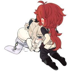 1boy 1girls blonde_hair blowjob blush chibi chibi_style diluc_(genshin_impact) female genshin_impact heart-shaped_pupils jean_gunnhildr long_hair male male/female on_all_fours on_knees oral oral_sex pussy_juice red_hair straight