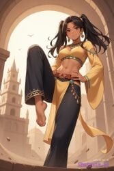 1girl ai_assisted ai_generated barefeet belly_dancer belt big_feet black_hair black_pants blush brown_eyes cg dancing dark_skin dark_skinned_female dirty_feet dynamic_angle from_below full_body hands_on_hips long_hair long_sleeves long_toes looking_at_viewer navel official_art presenting_foot sole_focus standing standing_on_one_leg stinky_feet sweaty_feet twintails yellow_jacket