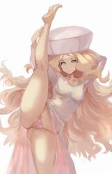 1girls big_hat blonde_hair caitlin_(pokemon) female green_eyes leg_up lingerie long_hair looking_at_viewer nintendo oversplit panties pink_panties pokemon sketch splits stretching terufuu upskirt vertical_splits