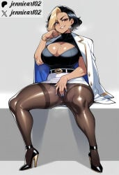 1girl ai_generated belt black_belt black_footwear black_hair black_pantyhose black_shirt blonde_hair breasts brown_eyes brown_pantyhose cleavage cleavage_cutout clothing clothing_cutout covering_crotch covering_privates dark-skinned_female dark_skin domina earrings female fingernails footwear full_body grin high_heels huge_breasts jacket jacket_on_shoulders jennieart02 jewelry large_breasts looking_at_viewer masturbation mature_female miniskirt mole mole_on_breast mole_under_eye multicolored_hair overwatch overwatch_2 pantyhose patreon patreon_logo patreon_username pencil_skirt shirt shoes short_hair sitting skirt smile solo spread_legs spread_pussy_under_clothes strappy_heels thick_thighs thighband_pantyhose thighs twitter twitter_username two-tone_hair watermark white_jacket white_nails white_skirt