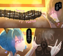 1boy 2girls animal_ears anis_(nikke) anus ass_grab asshole big_penis bikini blue_eyes blue_hair blue_lips blue_lipstick blush brown_hair butthole cat_ears censored censored_penis dark-skinned_male english_text fake_animal_ears goddess_of_victory:_nikke hairy_anus heart_shaped_pupils hearts hearts_around_head helm_(nikke) huge_cock huge_penis kanacorp lipstick open_mouth penis ponytail side_view spreading_ass standing text text_bubble thick_thighs tongue tongue_out viewed_from_side yellow_eyes yellow_lipstick