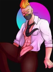 1boy black_tie brown_pants clothed clothing dress_shirt drift_(fortnite) exposed_penis fortnite looking_pleasured mask necktie nipple_slip open_shirt penis penis_out solo solo_male tagme tie unzipped_pants vitzeal white_shirt yellow_hair